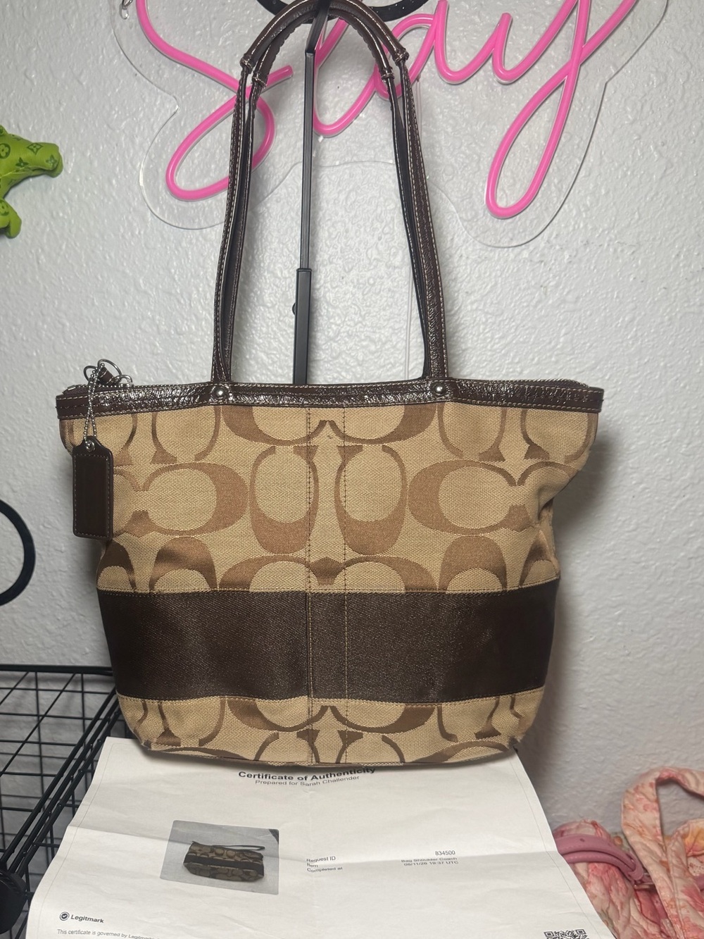 Coach Signature Stripe Tote Bag F13548 Brown Tan Jacquard Shoulder Bag Y2K